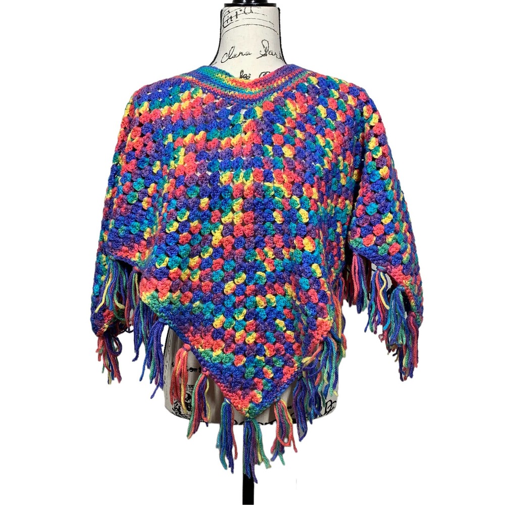 Handmade Crochet Shawl Poncho Shrug Rainbow Spring Summer Boho Hippie